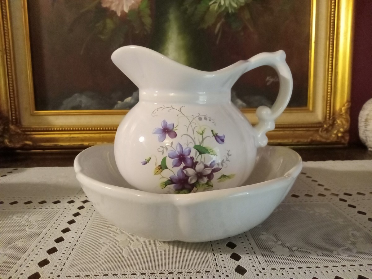 Vintage McCoy Pottery Pitcher And Bowl Set With Purple Violet