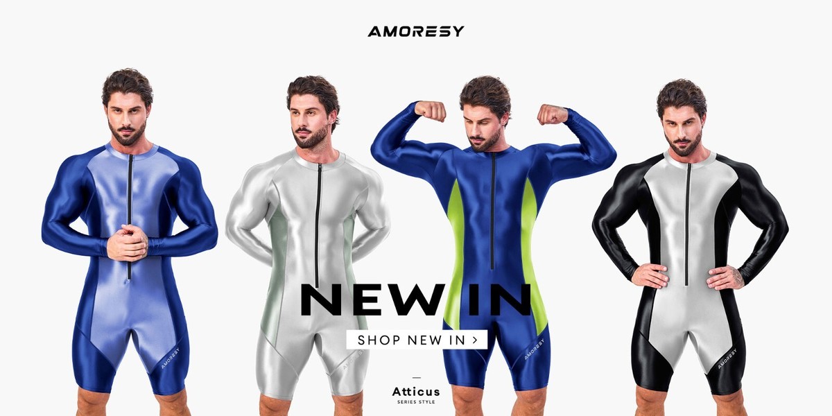 AMORESY Men's Tracksuits Jumpsuits Shiny Glossy Bodysuit Tights