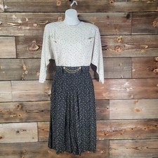 Vtg 1980s Positive Influence Ivory Black Rayon Midi Dress Size 5 6 Made In USA