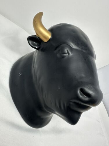 Vintage Matt Schwarz Gold Keramik Bison Kopf Büste Wanddekoration Grenze Kunst - Bild 2 von 8