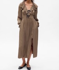 Gap Satin Midi Dress V-Neck Fit & Flare Pockets Beige/Brown/Green PXS NWT $118