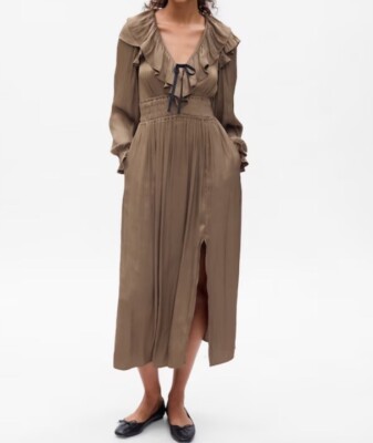 Gap Satin Midi Dress V-Neck Fit & Flare Pockets Beige/Brown/Green PXS NWT  $118 | eBay