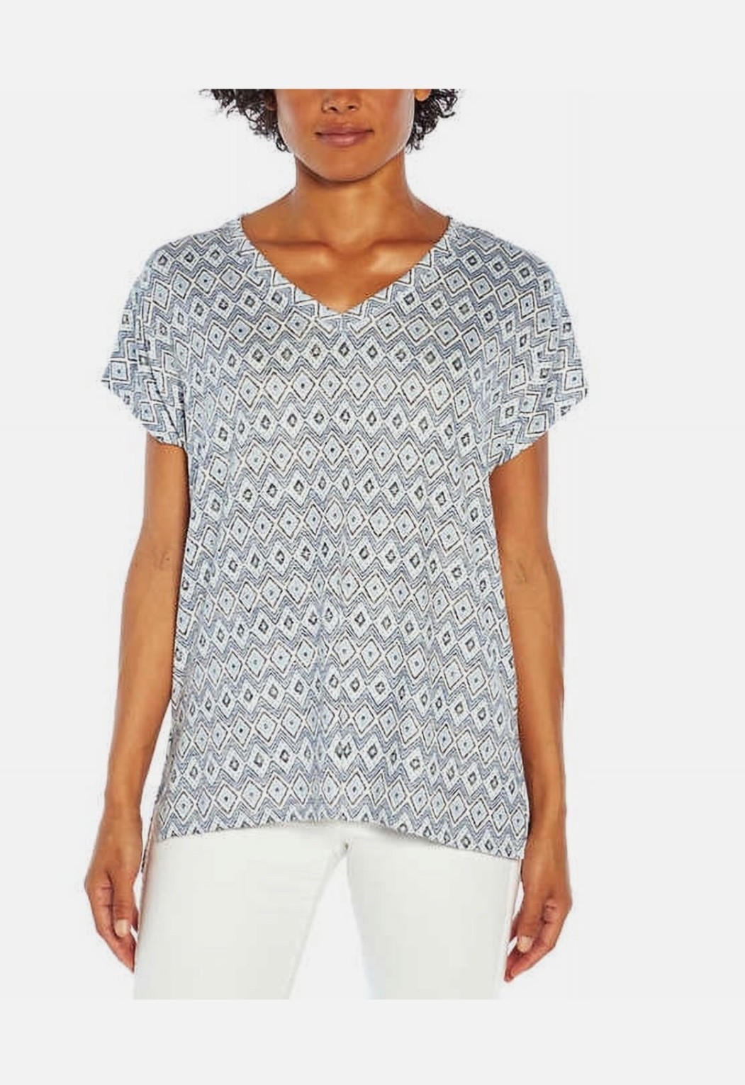 Orvis Women’s Short Cap Sleeve Pullover V-Neck Tunic Top Size M Blue Ikat