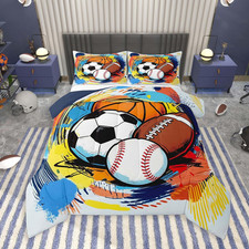 Boys Sports Comforter Set Queen Size Football Baseball Soocer Basketball Bedding