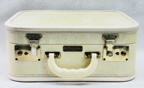 Vintage Durite Amazon Train Case Cream with Purple Satin Interior Mid Century