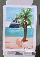 ACEO Original Hand-Drawn Signed Palm Tree Cruise Ship Beach Ink Drawing