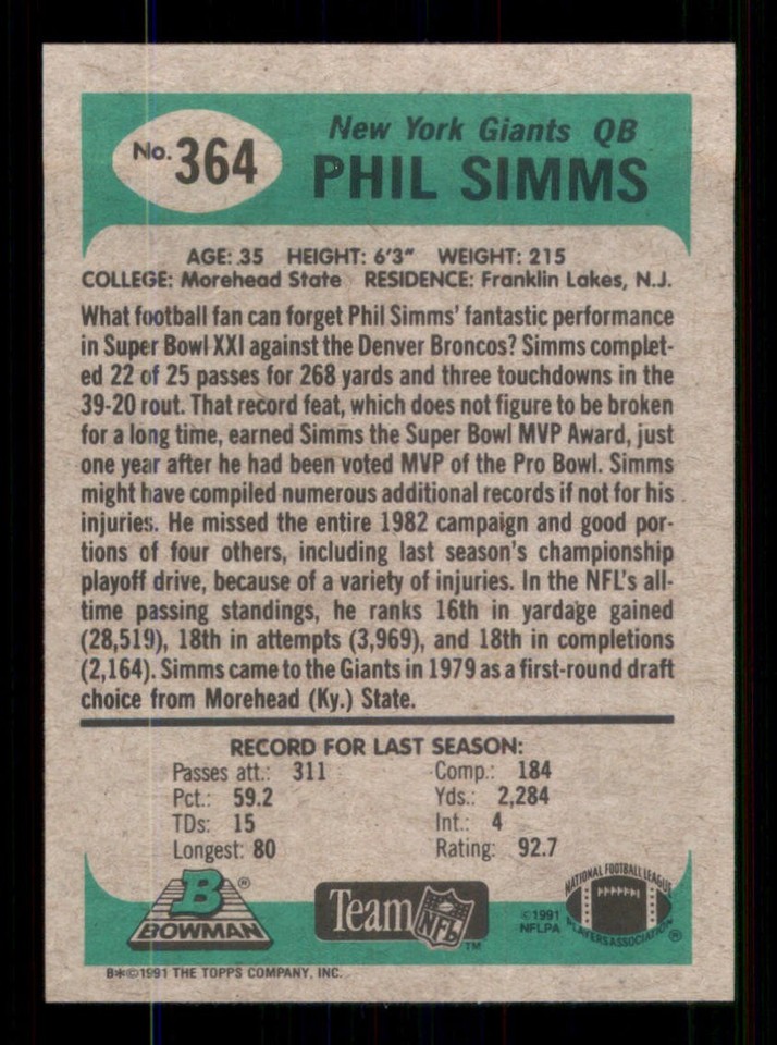 1991 Bowman #364 Phil Simms New York Giants 59230 | eBay