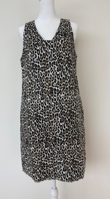 Tommy Bahama Linen Leopard Print Shift Dress Fringe Hem Pockets Size M