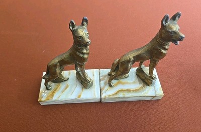 Pair Vintage Cast Metal Brass German Shepherd Dog Bookends Figure On Marble Base