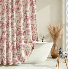Farmhouse Pink Floral Shower Curtain with 12 Clear Rings, Fabric Faux Linen Show