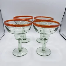 Heavy Clear Margarita Glasses Orange Rims Hand Blown 9oz Drinkware Bar Set of 4
