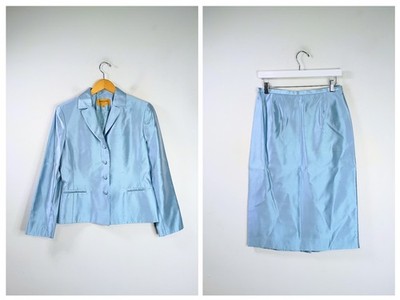 Bergamo By EBI 100% Silk Skirt Suit Size 8 Light Blue