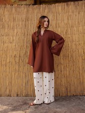 Beautiful Brown Pure Cotton Kurti Palazzo Set Indian Party Wear Kurta Cord Set