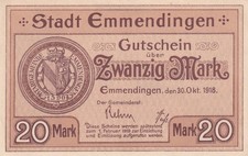 Emmendingen - Stadt - 20 Mark - ohne Wz. - entw "bezahlt" - Geiger 133.06b)