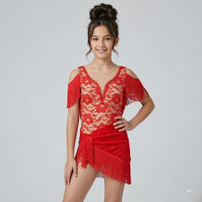 Girl's Custom Dance Costume Latin Ballroom Red Lace Dress with Fringe in size 12