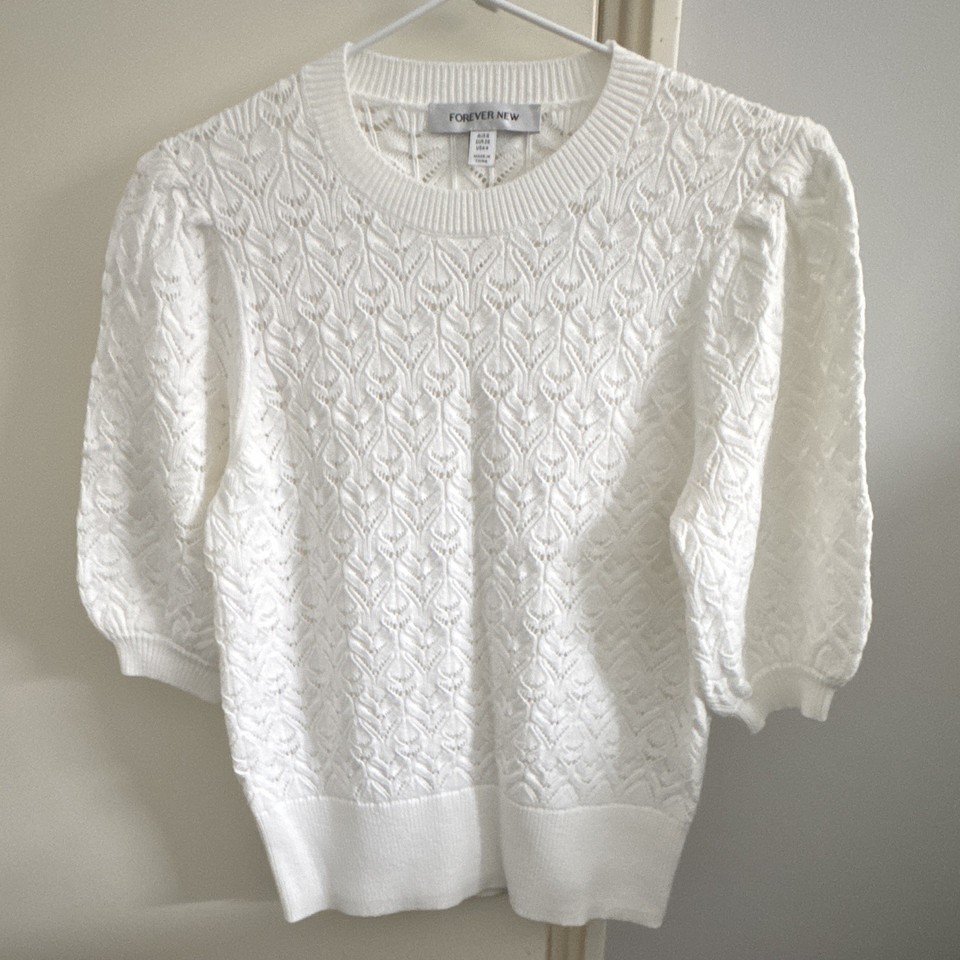 Forever New Jumper 8 White Cable Knit Crew Neck 3/4 Puff Sleeve Pullover