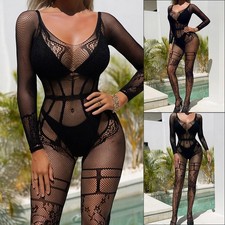 Brand New Crotchless Tights Fishnet Bodysuit Lingerie Jumpsuit Long Sleeve