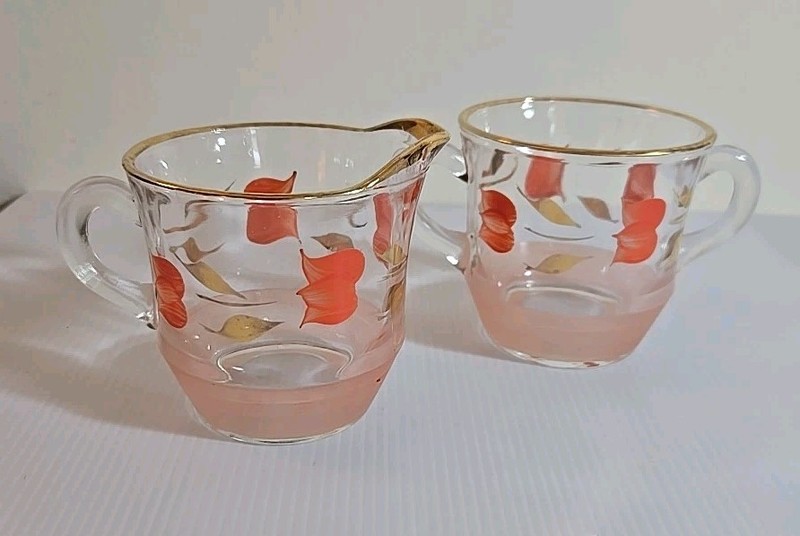 MCM Barlett Collins Glass Creamer & Sugar Bowl Clear W/ Tulip Pattern, Gold Trim