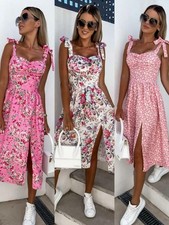 BOHO Women Summer Floral Beach Midi Swing Dress Holiday Strappy Sun Dresses Size