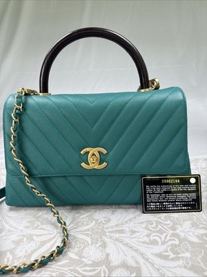 Chanel Coco Top Handle Flap Bag Teal Chevron Caviar Leather Lizard Handle