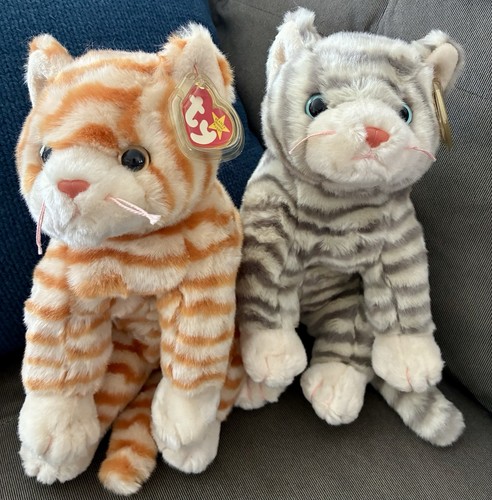 Ty Beanie Buddy Cat Amber and Silver 1999 Tabby Striped Kitten Pair TAGS