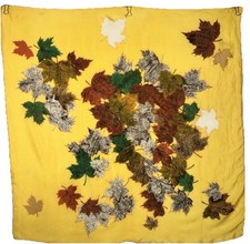 Vintage Yellow Square Scarf Leaves Fall Gold Silk Handrolled Lightweight