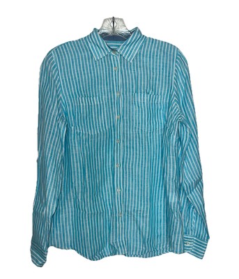 Talbots Linen Button Down Shirt Womens Size S Aqua White Stripe Beachy Coastal