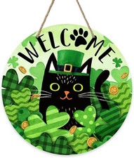 Welcome St. Patrick's Day Black Cat Front Door Sign, Shamrock St.Patricks Day