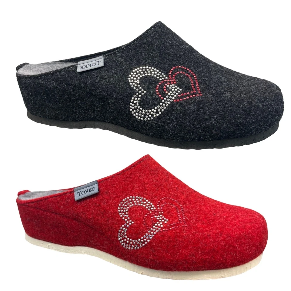 TOFEE Damen Hausschuhe Wollfilz Herz Strass Keilabsatz Puschen rot grau 36-42 - Bild 1 von 1