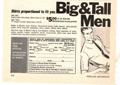 1967 Print Ad  Bond's Man of Dimension Shop Big & Tall Men Shirts Proportioned