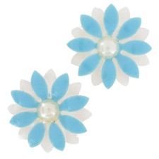 Earring Pierced Enamel Flower Light Blue White Faux Pearl 1"
