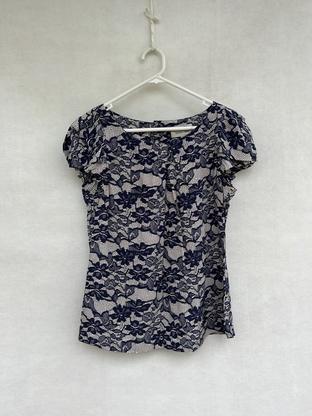 🎈 VERONIKA MAINe Blue Floral Blouse Shirt Tee 10 S Lace Effect