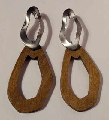 BIJOUX BOUCLES D'OREILLES EN BOIS & ACIER #C# G4 - Photo 1/2