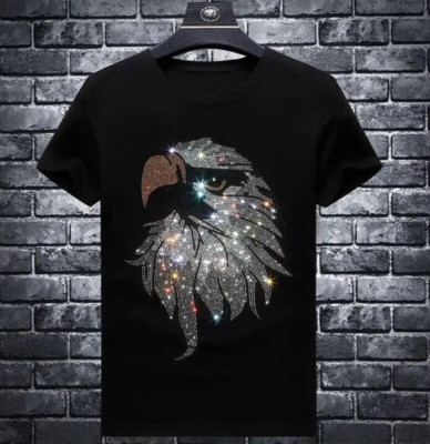 New Men Luxury Eagle Rhinestones Fashion Black White T-Shirt High Quality