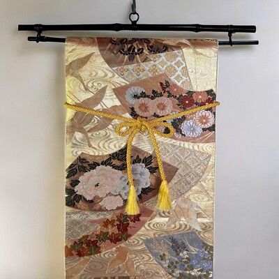 Obi as Decor Vintage Gold Obi Tapestry with Bamboo Hanger