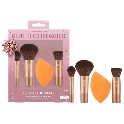 Real Techniques Sleigh The Night Mini Brush + Sponge 4 Pieces  NEW