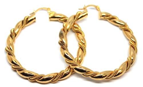 WOMEN CREOLE HOOP EARRINGS 18CT YELLOW GOLD FILLED TWIST 50MM LARGE PIERCING - Picture 6 of 7