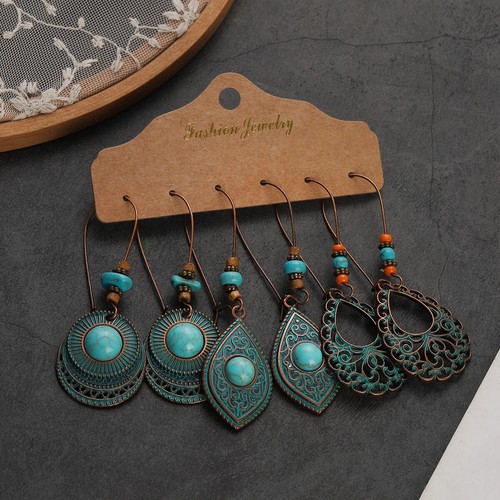 Vintage Ethnic Dangle Earrings Set For Women Bohemian Leaf Flowers Jewelry - Picture 3 of 15