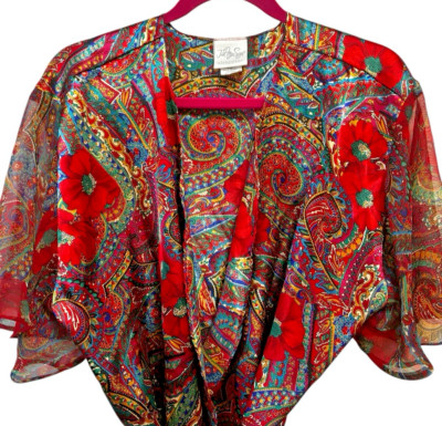 Just My Size Sleepwear Womens XL Belted Bathrobe Satin Paisley Poppies SS
