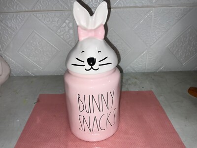 Rae Dunn Artisan Collection Bunny Snacks 14'' Pink Canister Bunny Head Topper Lid