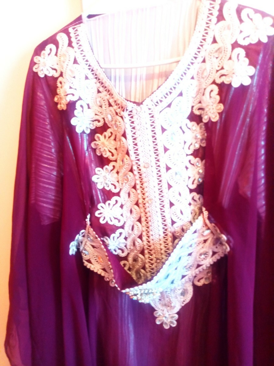 Robe marocaine caftan mauve et argenté avec doublure taille unique
