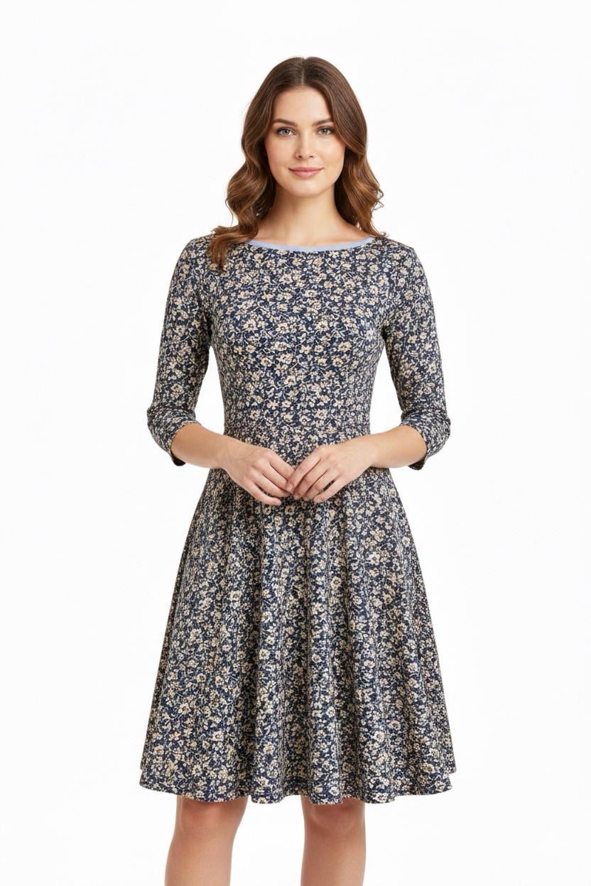 Lauren Jeans Co. Ralph Lauren Vintage Floral Fit & Flare Dress 3/4 Sleeve Navy