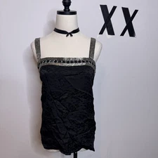Vintage 90s Black  Silk Beaded Square Neck Cami Fairy Whimsygoth Tank Top 14