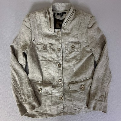 Louben Canada Linen Blend Safari Utility Jacket Tan Stand Collar Zip Pockets 10