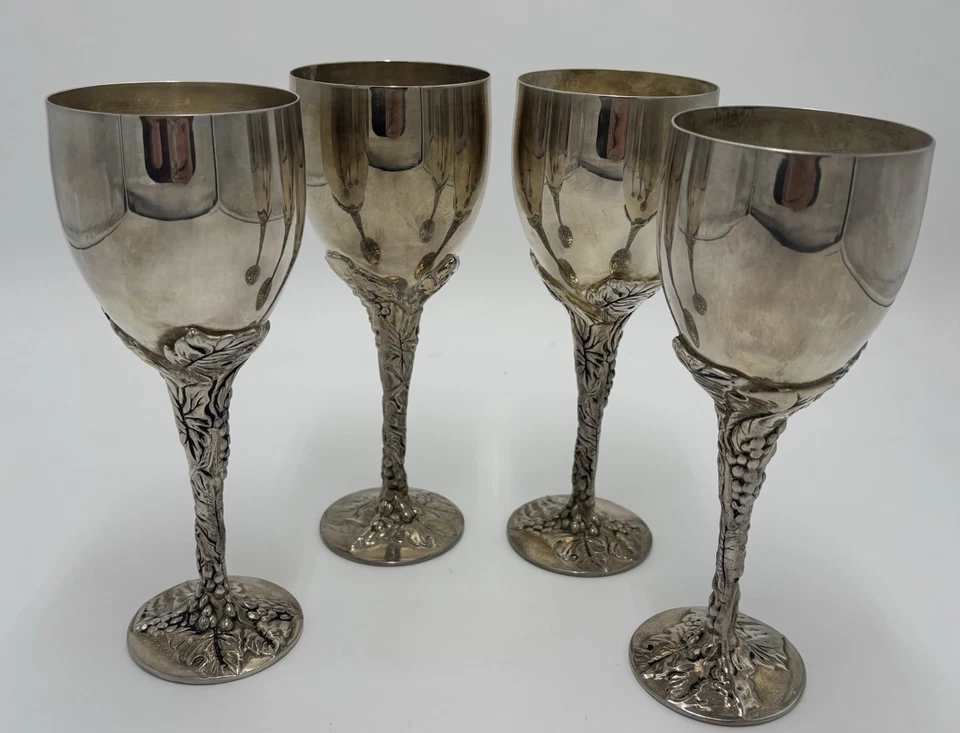VTG Godinger Lot Of 4 Goblets Cup Grape Vine Leaf Design Silver Plate Holds 8 OZ - Image 2 of 4