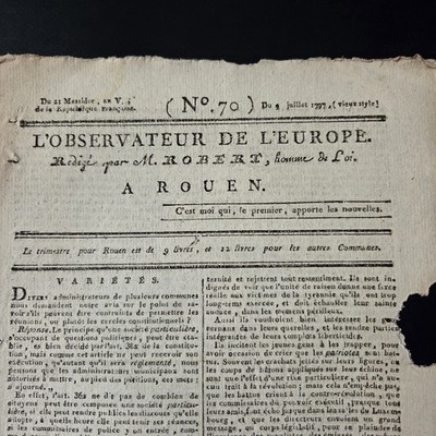 Rare Journal 1797 L'OBSERVATEUR DE L'EUROPE Rouen Messidor An V Mention Napoléon