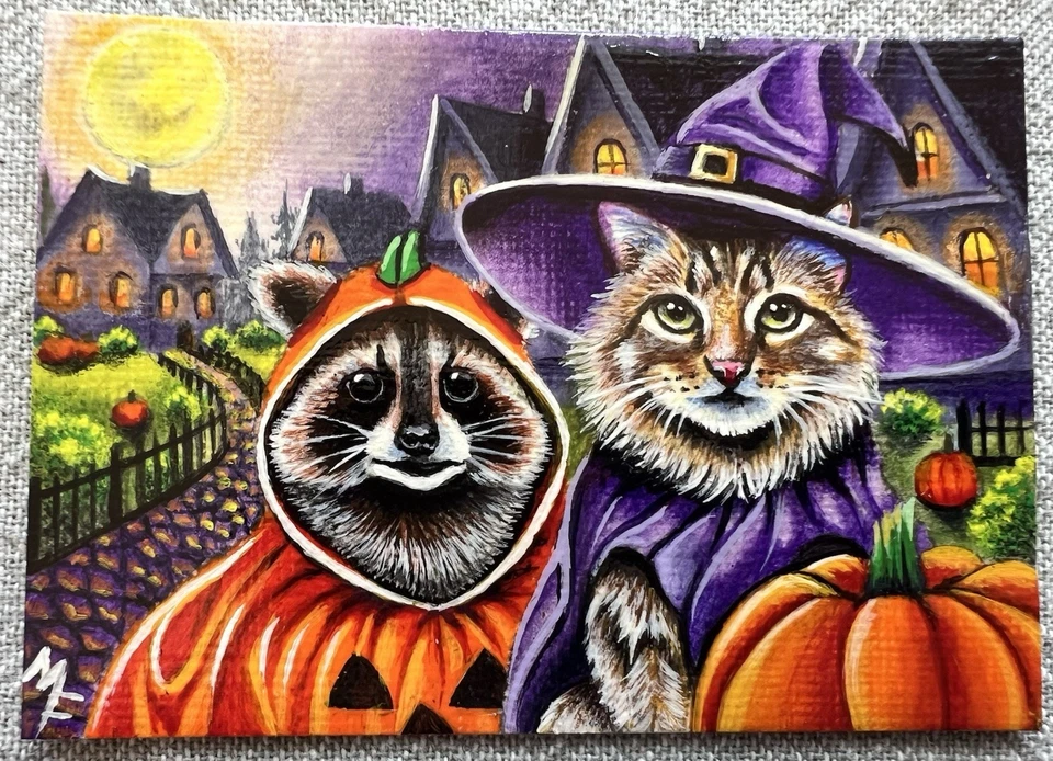 ACEO ORIGINAL Raccoon, Cat “Trick or Treat” Artist, M. Frost 2024 Acrylic - Image 2 of 4