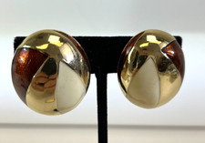 VTG Ciner Large Gold Tone & Ivory Burnt Orange Enamel Clip On Earrings 292-DS75