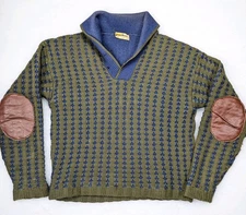 PURITAN Vtg 50s 60s Green Blue Diamond Knit Shawl SWEATER Elbow Patch Men's S