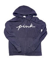 Victoria's Secret Pink Black Logo Full-Zip Up Hoodie Sweatshirt Size Small